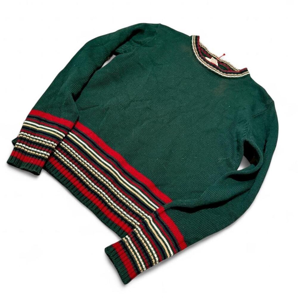 Vintage 80s Kentfield Retro Forest Green & Red Striped Grandpa Sweater Size M